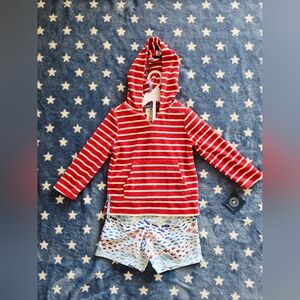 Caribbean Joe Red & White Striped Kids Hooded Pullover And Ocean Print Trunks